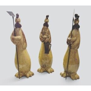 3 Ceramic ROOSTER / CHICKEN Figurines w/Garden Tools Farmhouse Country Decor
